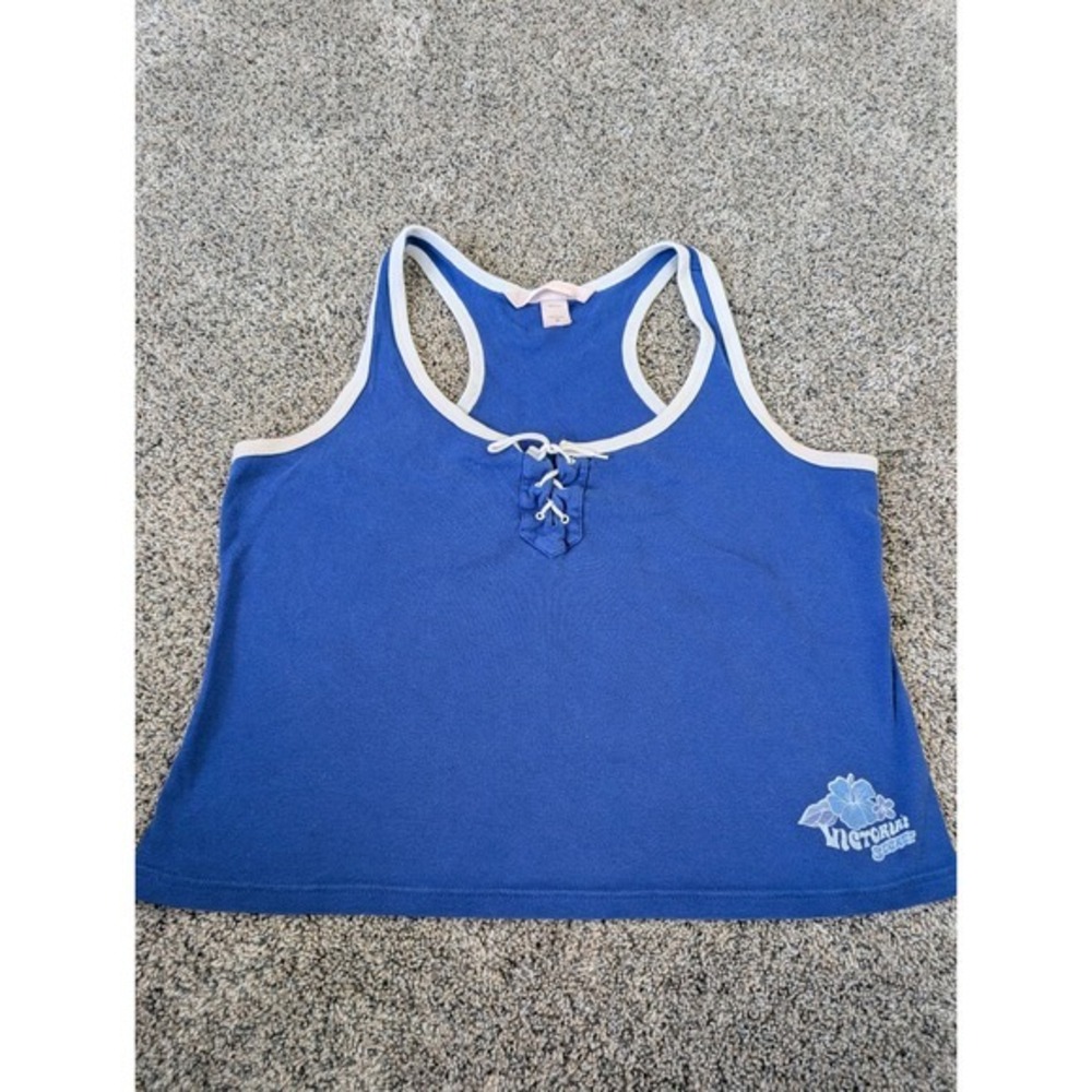 Y2K Victoria's‎ Secret Blue Lace Up Front Tank Top Floral Logo Size M